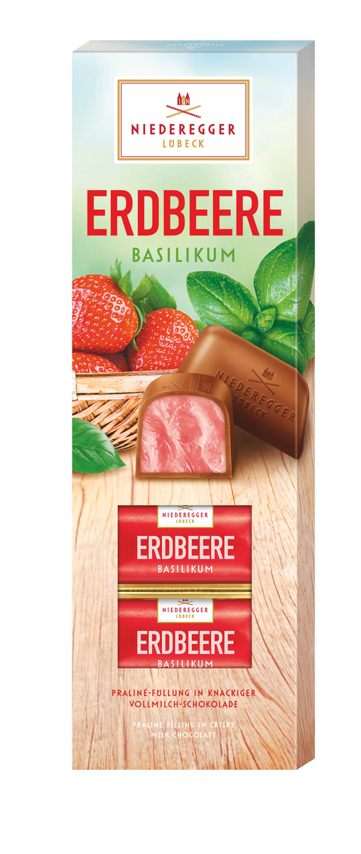Pralinen Erdbeer Basilikum, Vollmilch-Schokolade mit Erdbeer- und Basilikum-Geschmack, 100 g