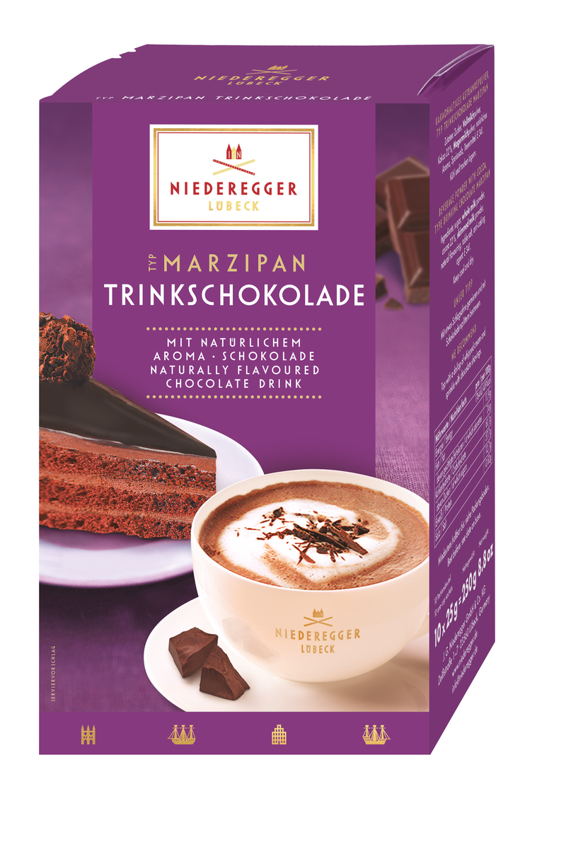 Marzipan Trinkschokolade im Beutel, 10 Stick-Port.Btl., 250 g Nettogewicht, klare Produktbezeichnung sichtbar