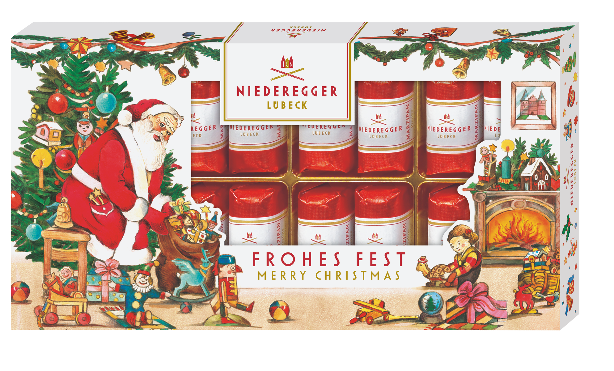 Marzipan Klassiker Frohes Fest, Marzipan umhüllt von Zartbitter-Schokolade, 200 g
