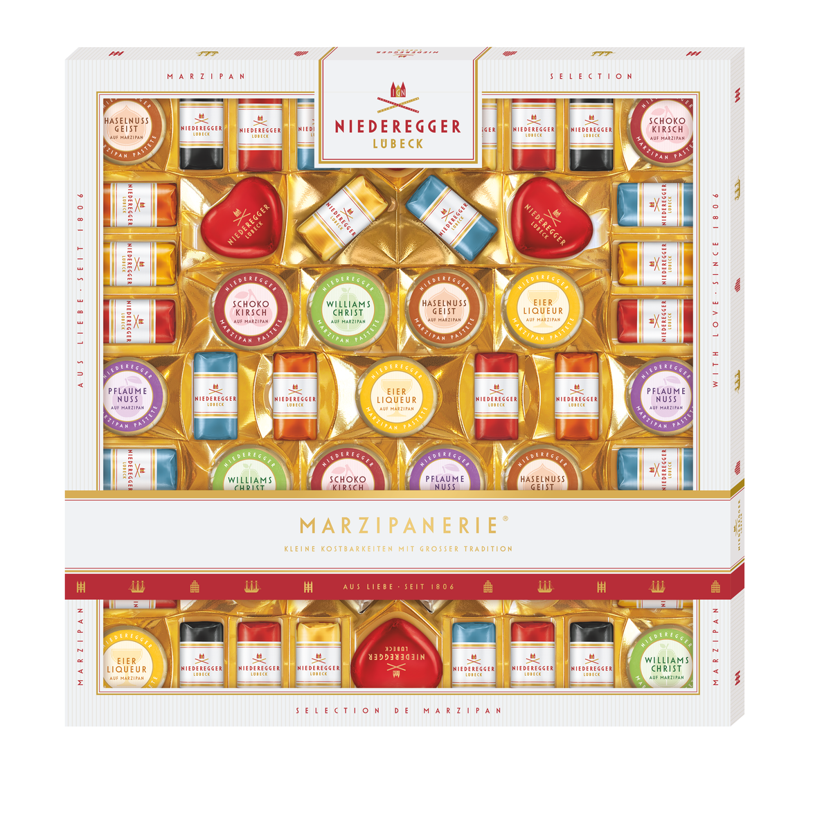 Marzipanerie Schokoladen-Konfekt mit Mandelmarzipan, dunkler, Weiß- und Vollmilchschokolade, 685 g