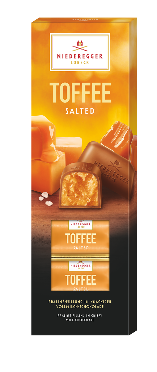 Pralinen Klassiker Toffee Salted – Pralinen aus Vollmilch- und weißer Schokolade mit Toffee, 100 g