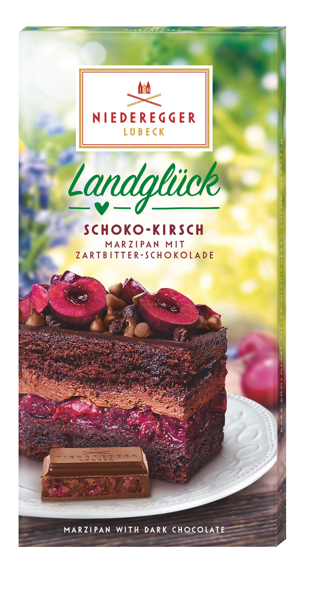 Marzipan-Tafel Schoko-Kirsch Landglück, 110 g, dunkle Schokolade mit Mandeln und Kirschen