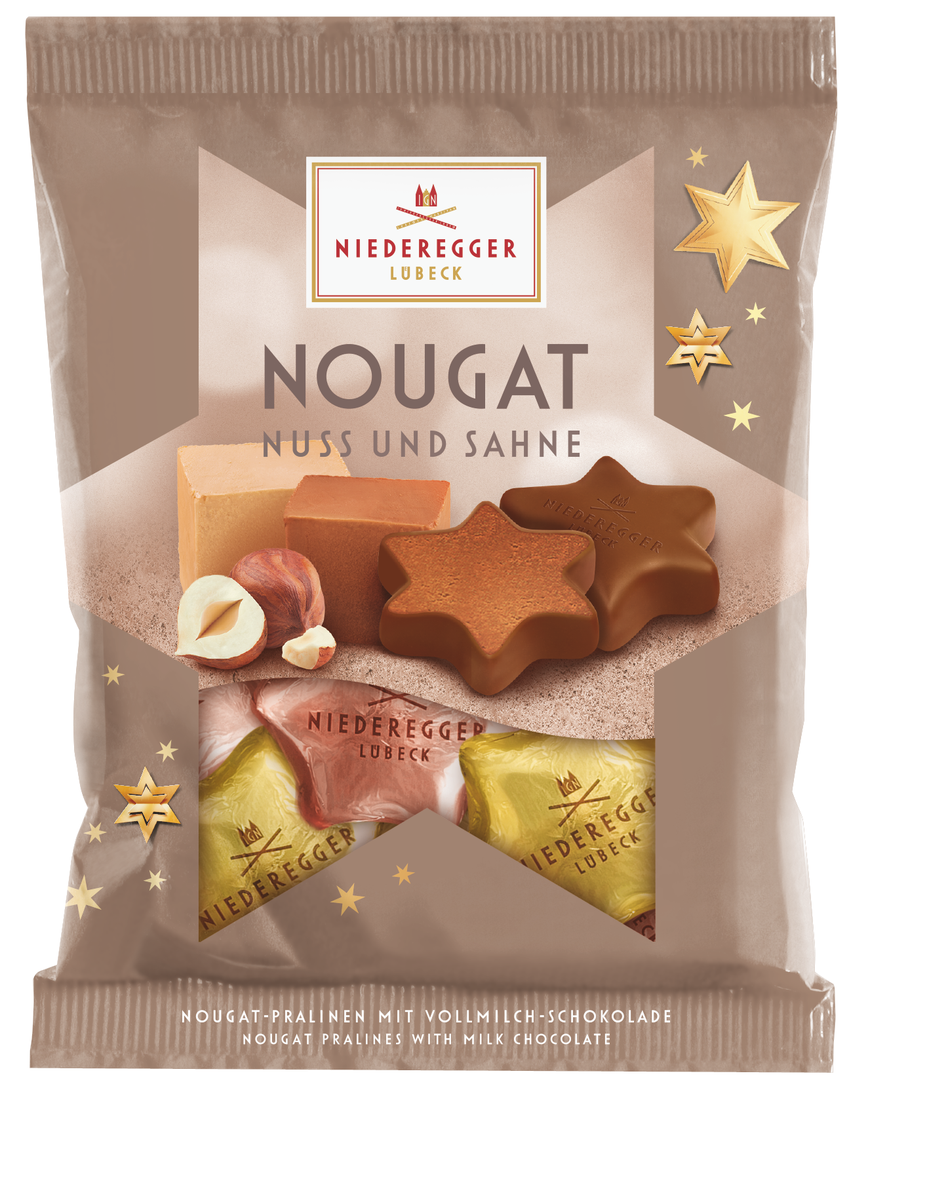 Nougat Sterne im Beutel Nuss & Sahne, Schokoladen-Sterne mit Haselnuss und Sahne, 87 g