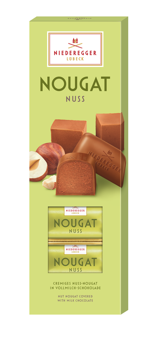 Bild zeigt Nougat Nuss Schokolade, Vollmilchschokolade, 100 g Packung, rechteckige Tafelschokolade