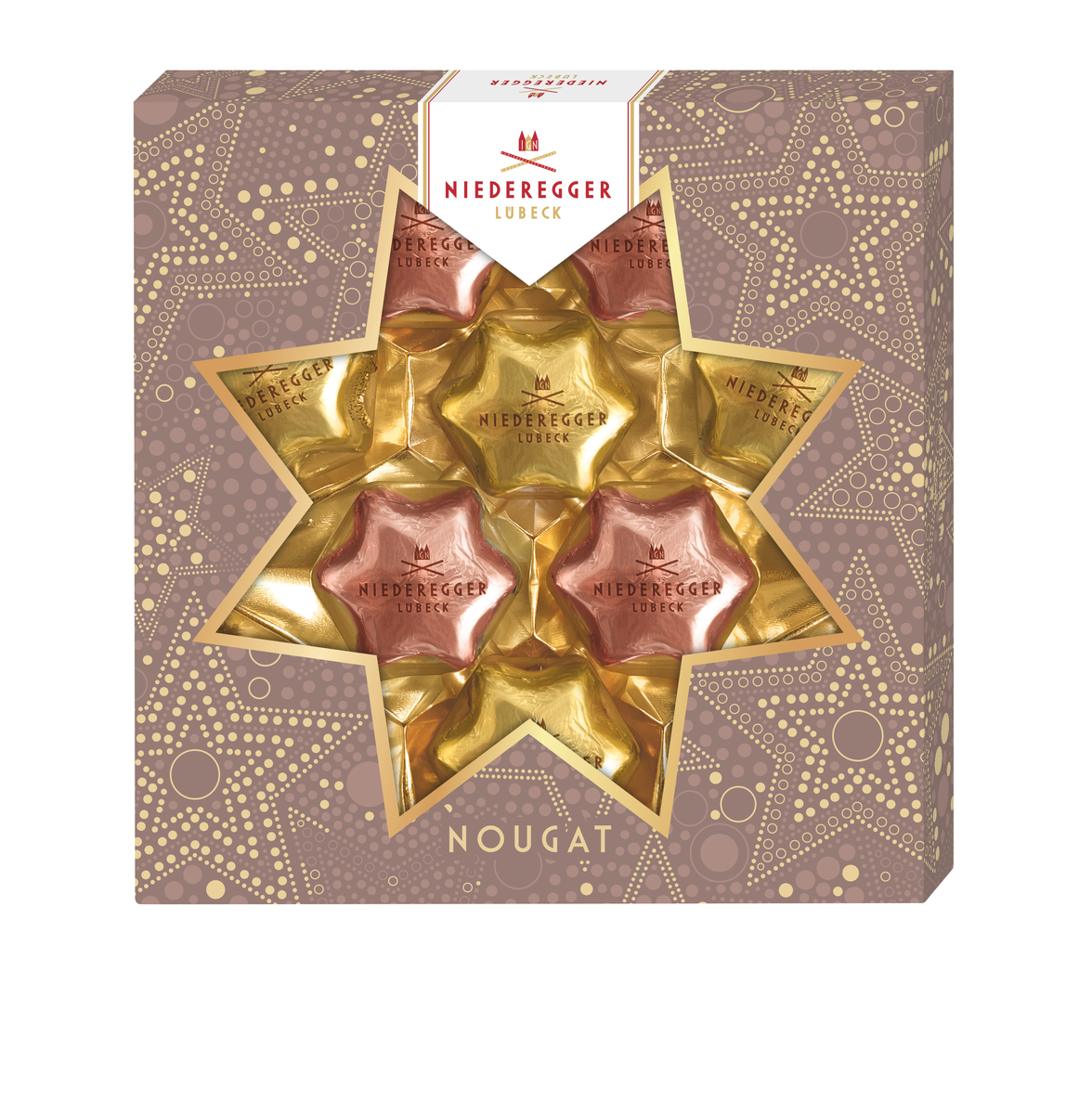 Nougat Sterne Sahne Nuss Duo 125 g Nougat Sterne Sahne Nuss Duo in Schokolade mit Haselnüssen und Sahne, 125 g Packung