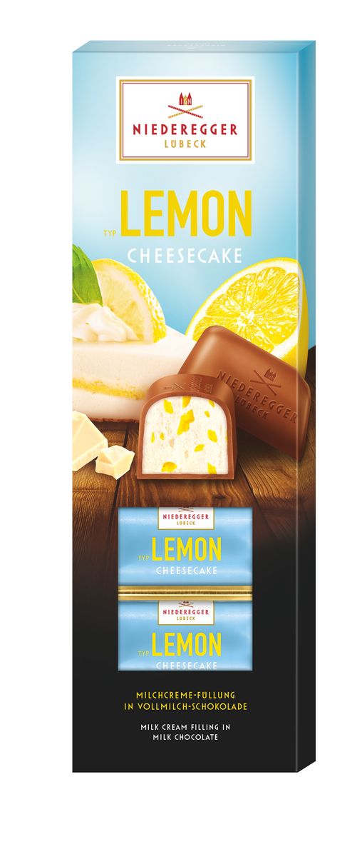 Pralinen Klassiker Lemon Cheesecake, Produktbild der Pralinen, Nettogewicht 100 g