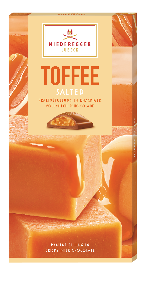 Pralinen Tafel Toffee Salted, Schokoladentafel aus Vollmilch- und weißer Schokolade mit Toffee, 100 g