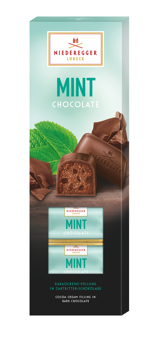 Pralinen Mint Pur Chocolate, 100 g Packung: Zartbitter-Schokolade mit Minz-Schokosplittern.