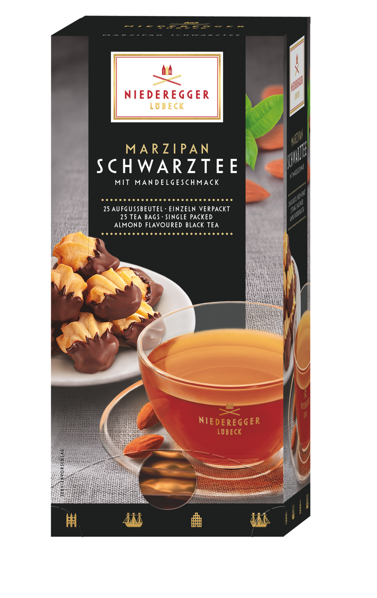 Marzipan Schwarztee, 25 Doppelkammerbeutel, 43,75 g, mit Mandelaroma und Vanillearoma