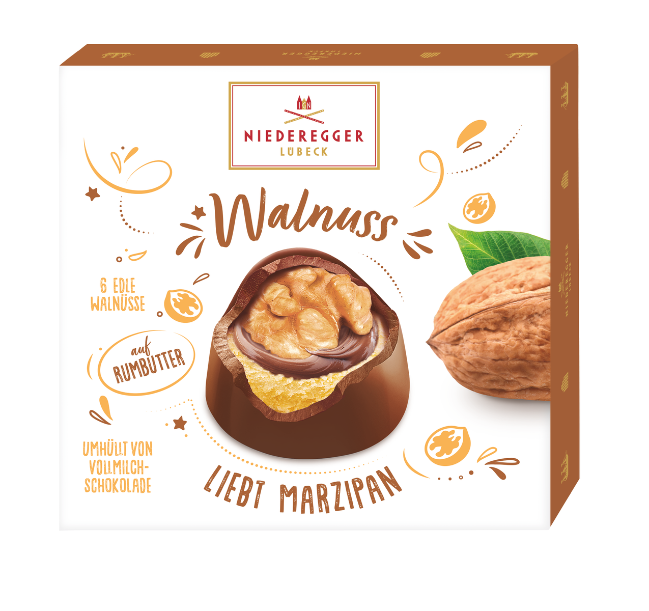 Marzipan Pralinés Walnuss auf Marzipan – Schokoladenüberzug, Nettogewicht 102 g