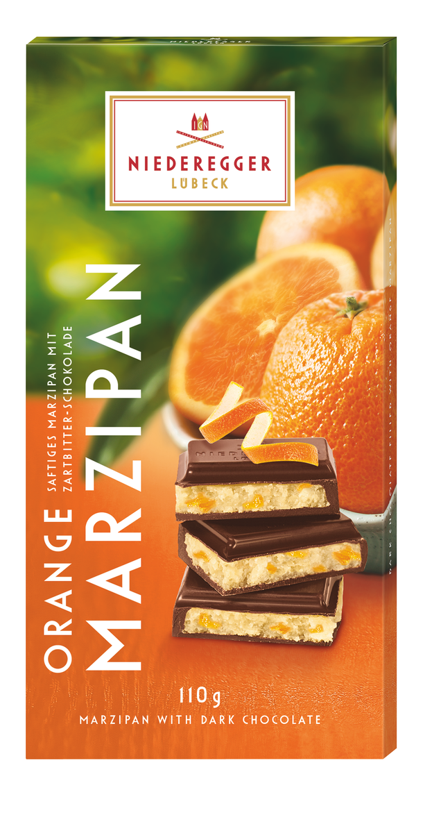 Marzipan-Tafel Schokolade Orange, zartbitter 51% Kakao, Mandelanteil 24%, 110 g Bar mit Orangenaroma