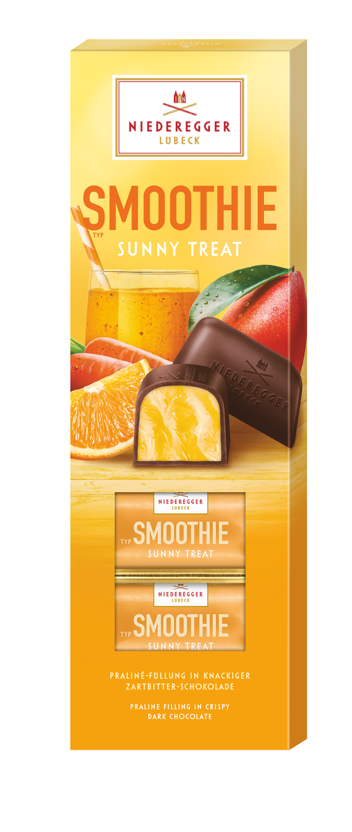 Pralinen Smoothie Sunny Treat, 100 g, Zartbitter-Schokolade 45 %, Fruchtpulver Orange
