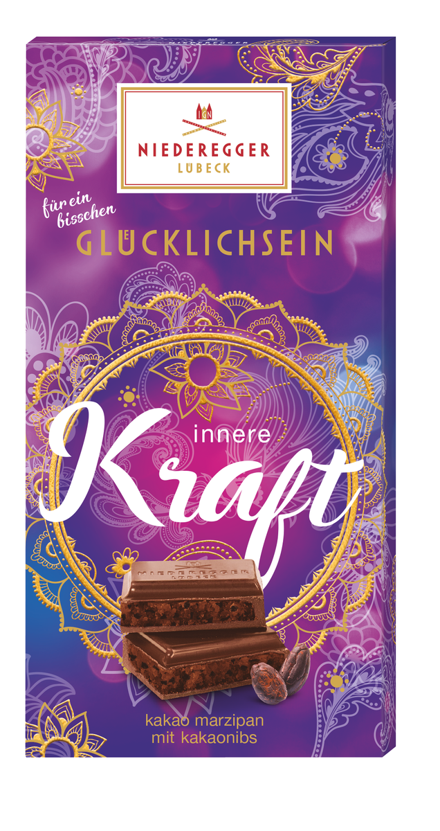 Marzipan-Tafel Schokolade mit Kakaomarzipan und Kakaonibs, Zartbitter 51%, 110 g.