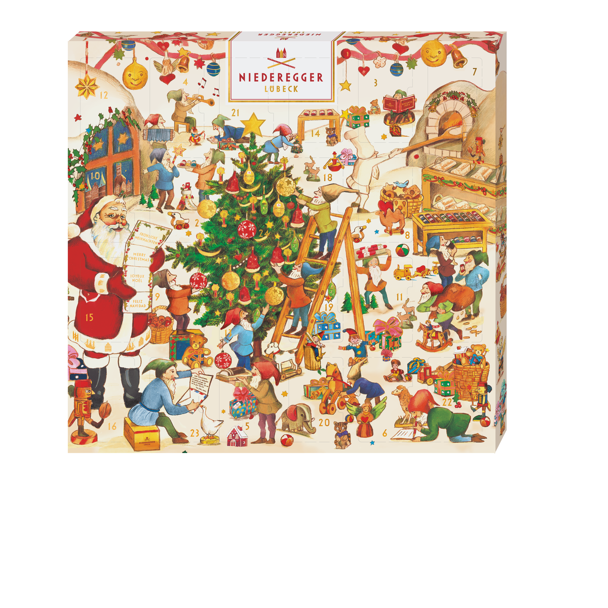 Adventskalender Mini-Wichtelwerkstatt, Zartbitter-Schokolade mit Mandeln, 168 g Netzgewicht