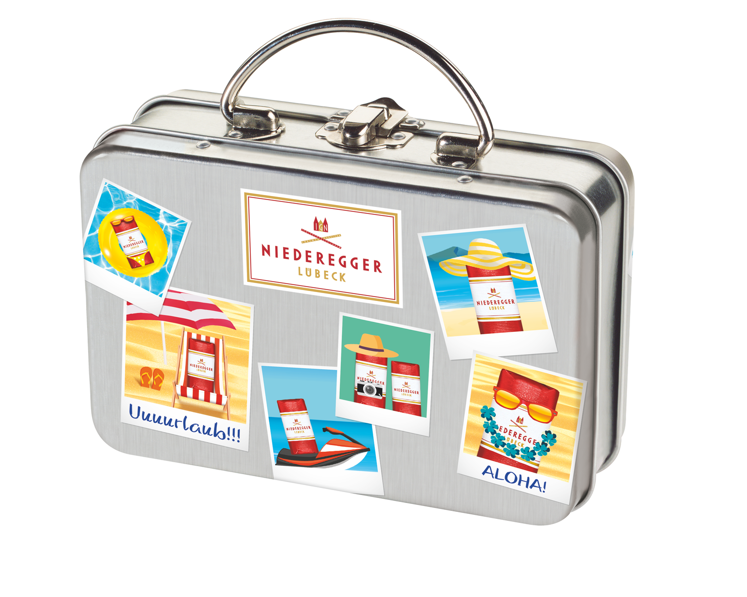 Reisekoffer gef. mit Marzipan Klassiker Polaroid 200 g Reisekoffer gef. mit Marzipan Klassiker Polaroid, Hauptbild, 200 g, Zartbitter-Schokolade sichtbar