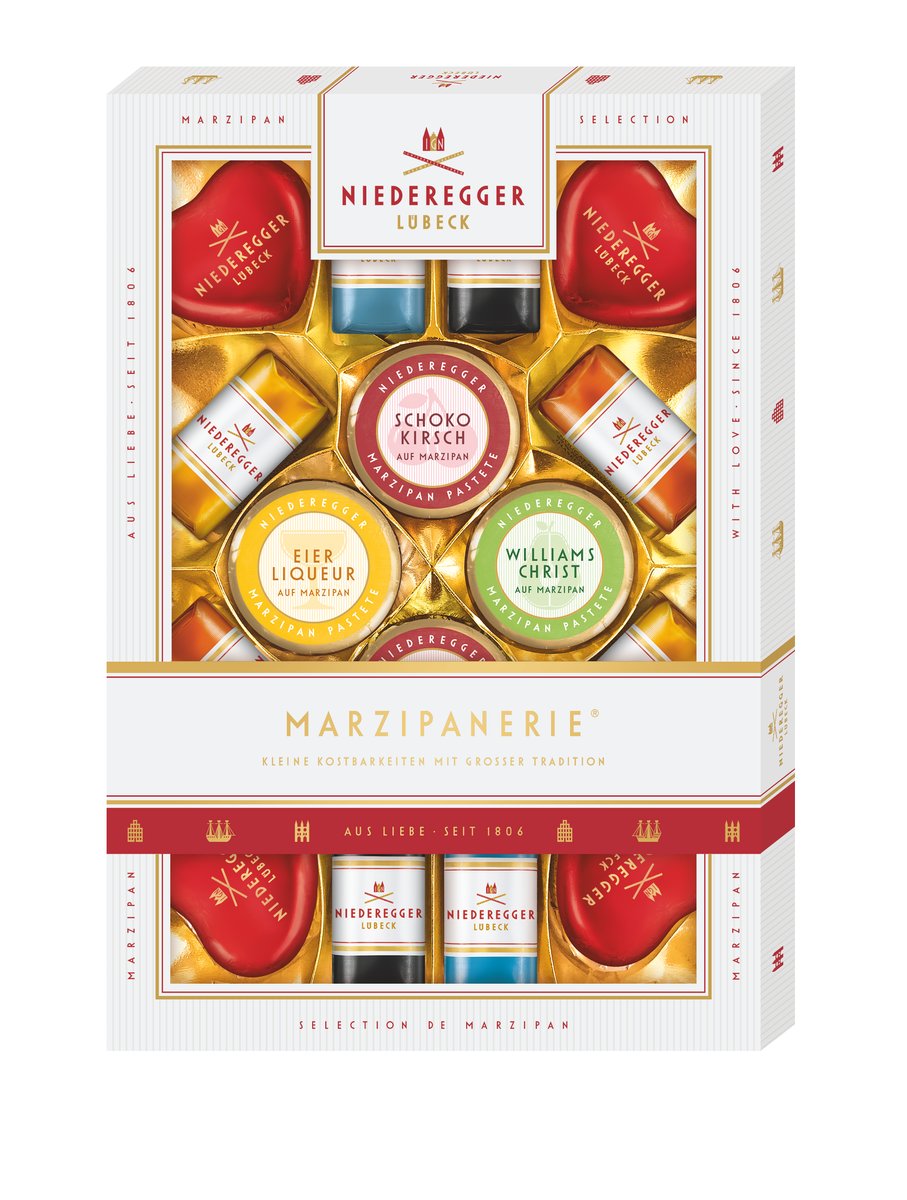 Marzipanerie Schokoladen-Konfekt mit Marzipanfüllung, 206 g, Zartbitter-, Vollmilch- und Weiße Schokolade