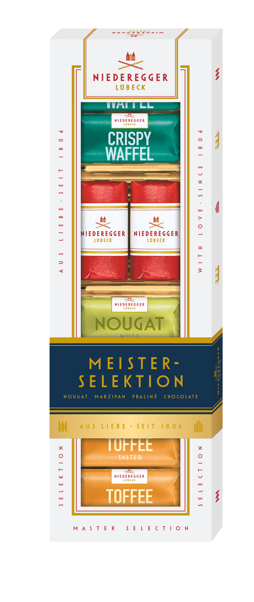 Meisterselektion Schokoladenmix, 100 g, Hauptbild zeigt gemischte Schokoladentafeln in mehreren Sorten.
