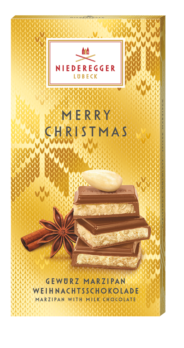 Marzipan Tafel-Schokolade Weihnachtsedition Merry Christmas, Vollmilch-Schokolade mit Mandeln 29%, 110 g