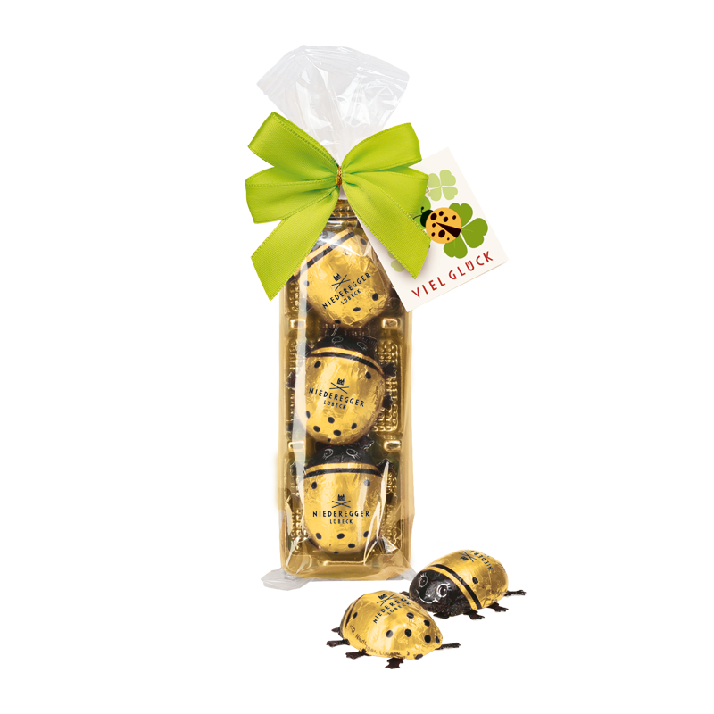 Marzipan - Glückskäfer Vollmilch, 3 St. im Btl. mit Schleife und Kärtchen