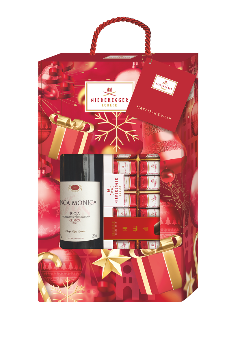 Marzipan Klassiker 200 g und Rotwein 0,75 l als Set, Gesamtgewicht 950 g, Verpackung sichtbar.