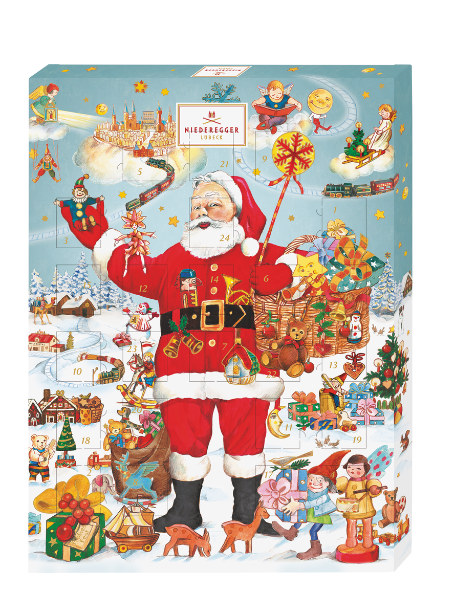 Adventskalender Weihnachtsmann, 500 g, Hauptbild zeigt Schokoladenkalender mit Türchen im Santa-Design, festlich