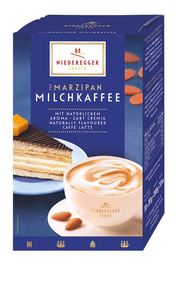 Hauptbild zeigt Marzipan Milchkaffee, 10 Stick Port.Btl., Packung 200 g, Portionsbeutelform und Verpackung.
