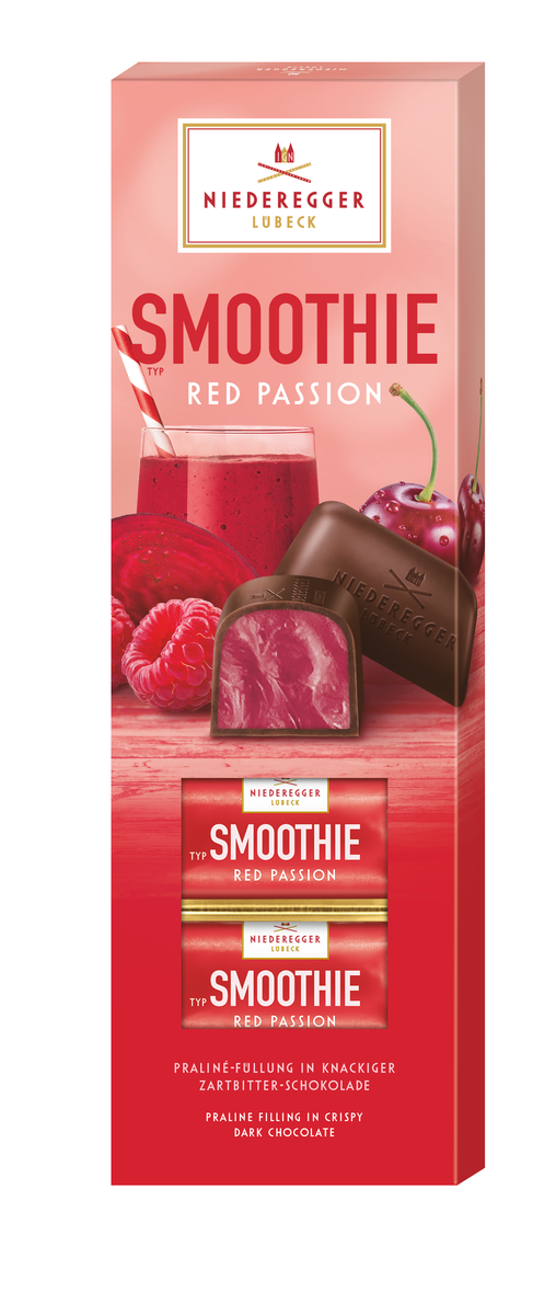 Pralinen Smoothie Red Passion, zartbitter-Schokolade 46%, Kirschpüree, Himbeeren, 100 g