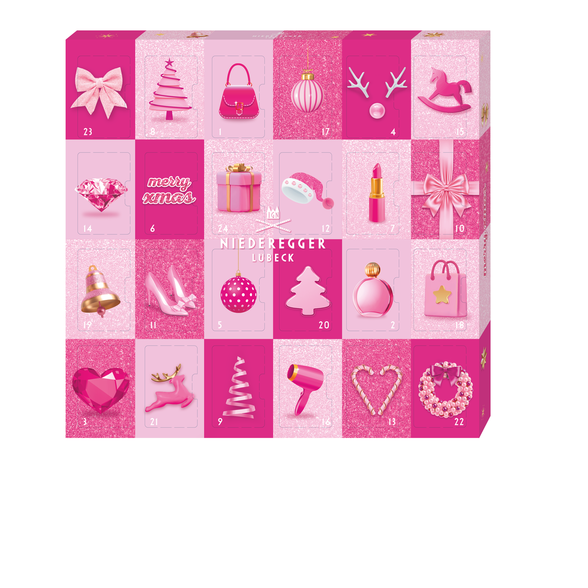 Mini Adventskalender Pink Glamour, Schokoladenkalender mit pinkem Design, 177 g Nettogewicht, assortierte Sorten