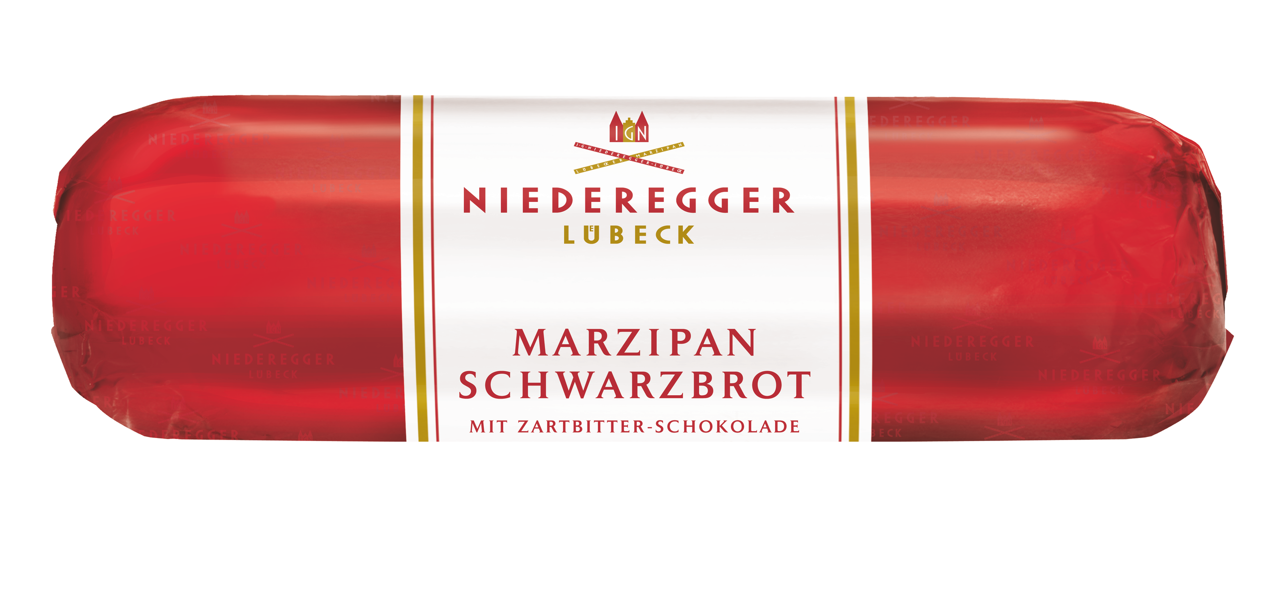 Marzipan Schwarzbrot, 300 g, Brot mit Mandeln 50 % und Zartbitterschokolade 13 % – sichtbar in der Scheibe.