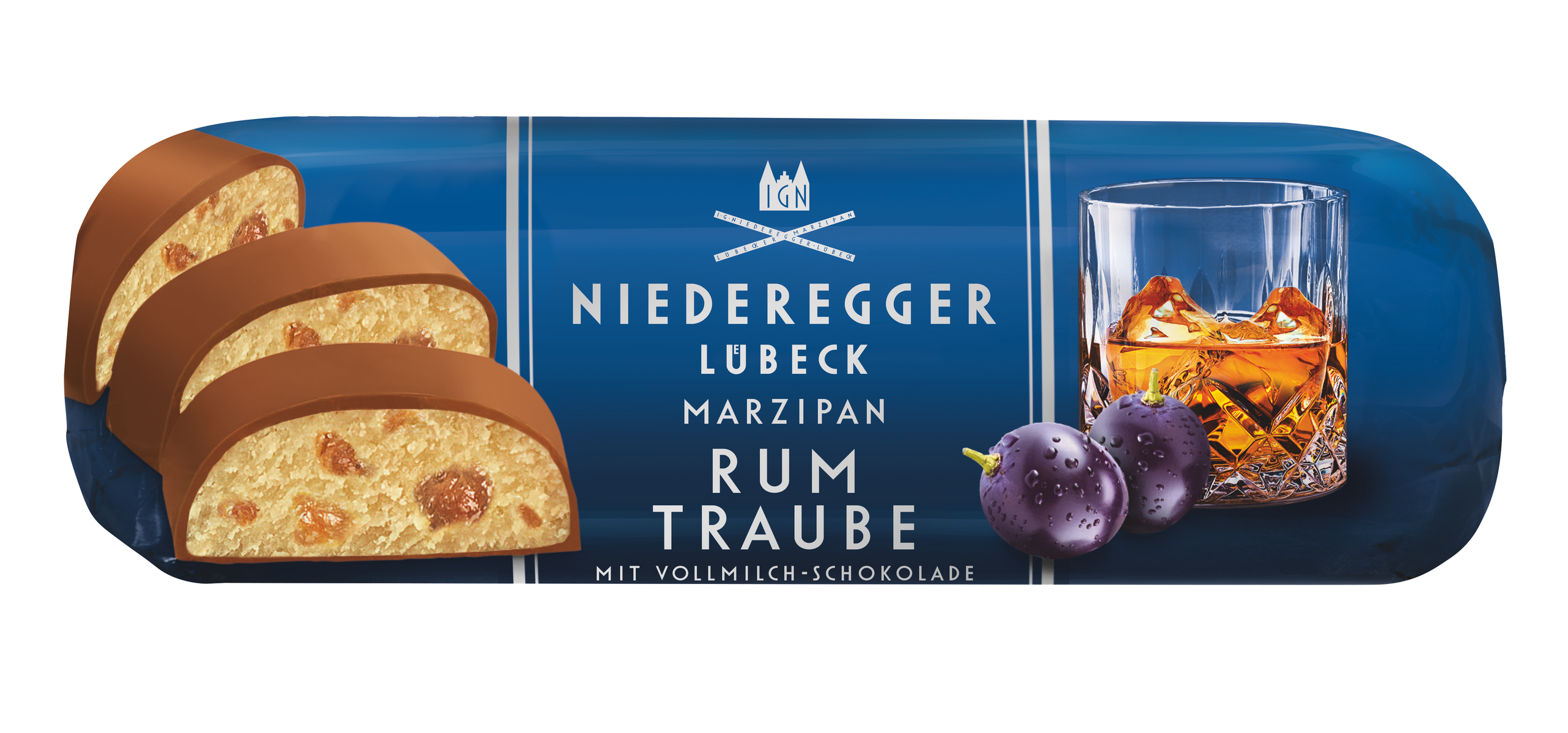Marzipan Brot Rum-Traube, 125 g, Rosinen, Rum und Vollmilchschokolade - sichtbar im Bild