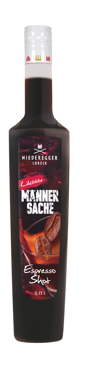 Flasche Kaffee-Likör Espresso Shot Männersache, Nettogewicht 383 g, Hauptbild zeigt Etikett und Flasche
