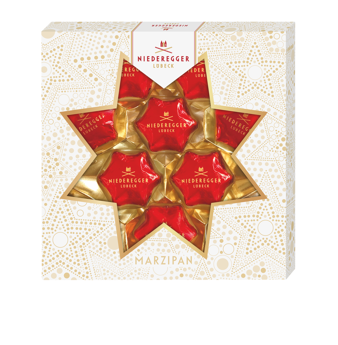Marzipan Weihnachtssterne in Sternform, mit Zartbitter-Schokolade, Packung 125 g, Mandelanteil 41%
