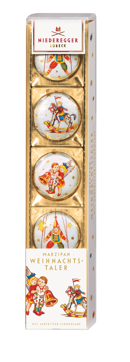 Marzipan Weihnachtstaler 50 g Marzipan Weihnachtstaler mit Mandeln 41% und Zartbitter-Schokolade 28%, 50 g Packung