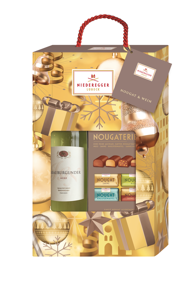 Produktbild: Kombi aus Nougat-Mix (200 g) und Weißwein (0,75 l); Gesamtgewicht 950 g