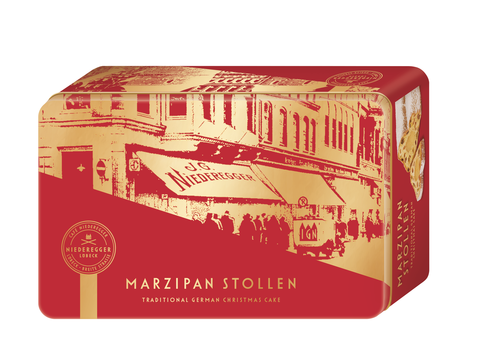 Marzipan Stollen in Dose, 500 g, Stollen mit Mandeln und Sultaninen, verpackt als Dose