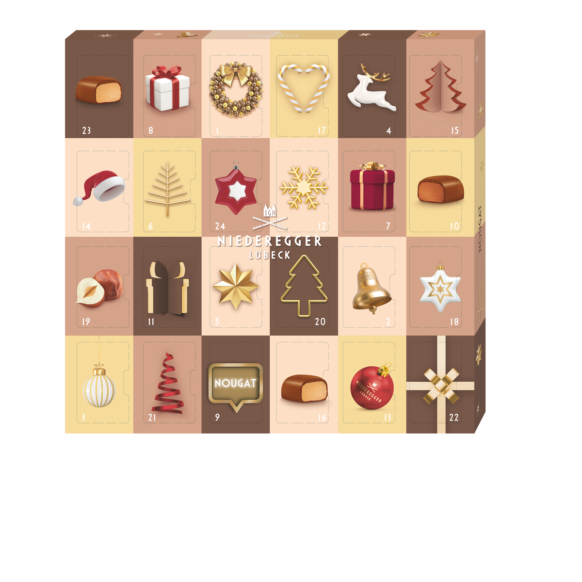 Adventskalender Mini Nougat aus Vollmilch-Schokolade, 180 g, kompakte Kalender-Verpackung
