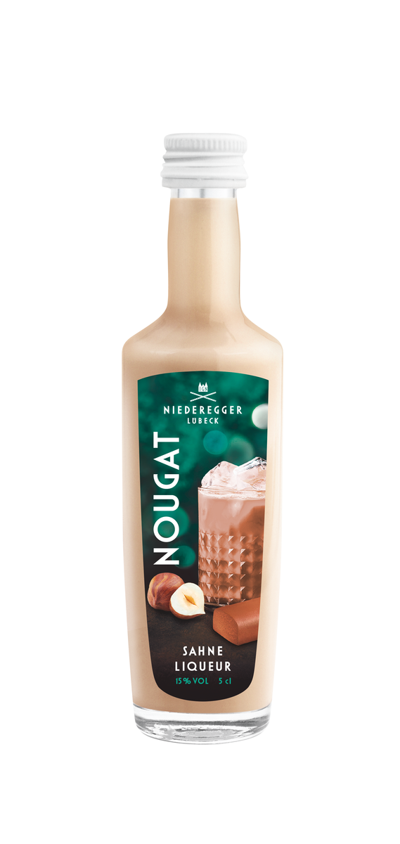 Bild zeigt Nougat Liqueur Mini-Fläschchen, kleines Fläschchen mit Nougatlikör, 54 g Netto