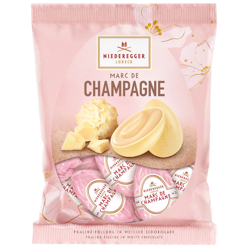 Marc de Champagne Eier in weißer Schokolade im Beutel