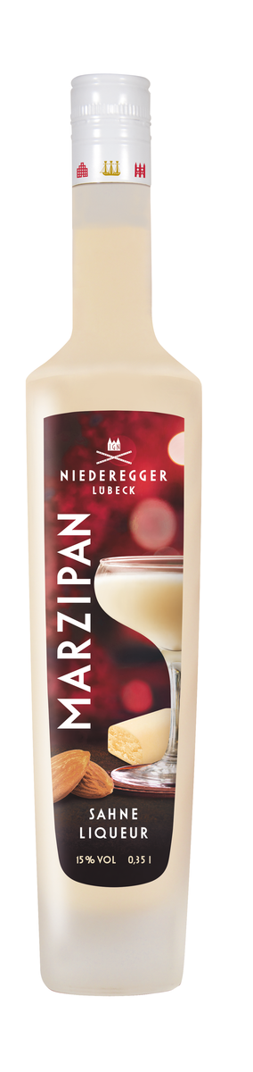 Marzipan-Likör Flasche, Sahnelikör mit Marzipan, 377 g Nettogewicht, Produktbild klar