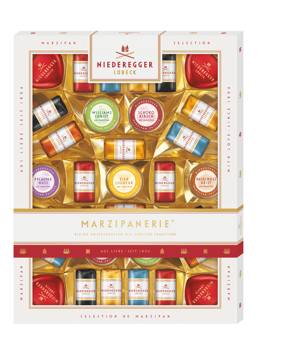 Marzipanerie Schokoladen-Konfekt mit Mandeln und Marzipanfüllung, Zartbitter- und Vollmilchschokolade, 398 g Packung
