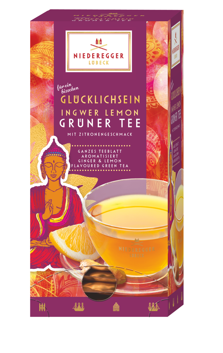 Grüner Tee Ingwer Lemon Glücklichsein 37,5 g Grüner Tee Ingwer Lemon, Hauptbild der Produktverpackung, Nettogewicht 37,5 g, Geschmack Ingwer Lemon