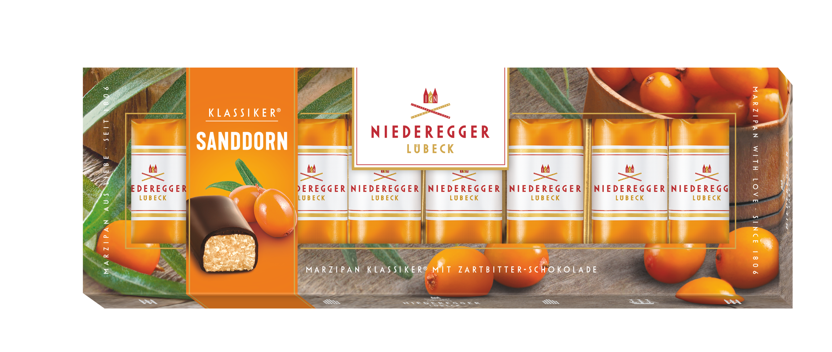 Marzipan Klassiker Sanddorn, dunkle Zartbitter-Schokolade umhüllt Marzipan mit Sanddornpulver, 100 g