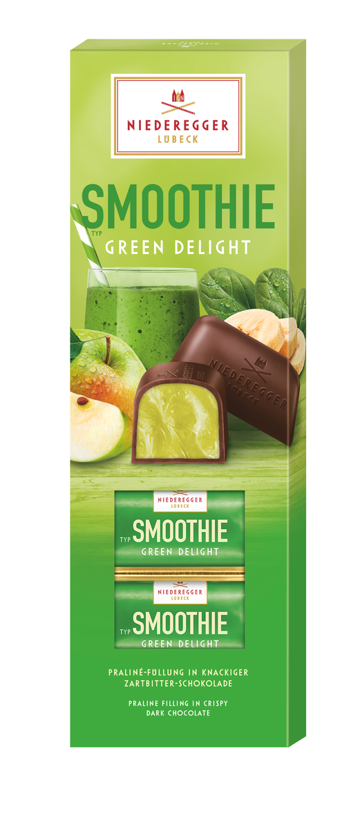 Pralinen Smoothie Green Delight, Zartbitter-Schokolade, 100 g Nettogewicht, Bild zeigt Pralinen