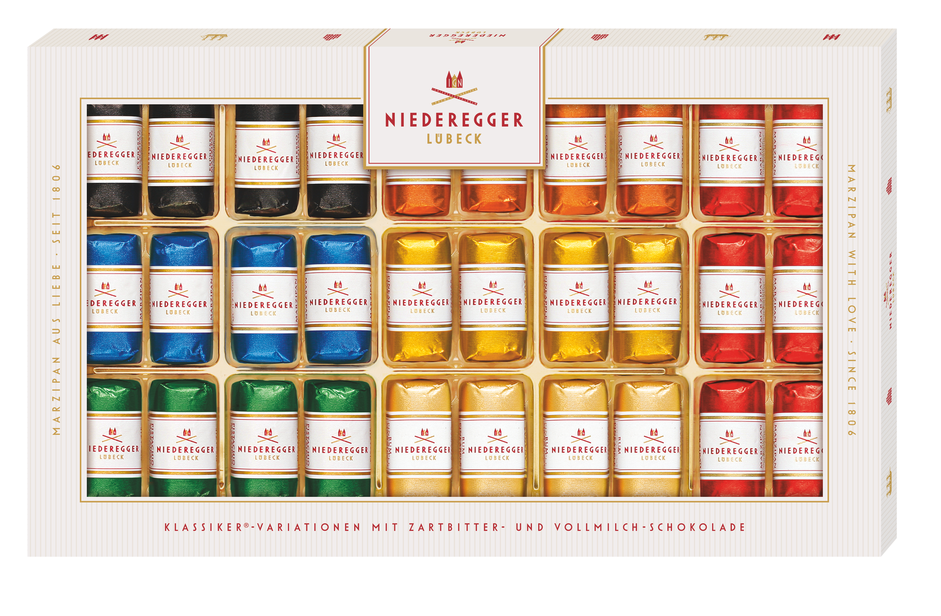 Marzipan Klassiker Variationen, Schokoladen-Marzipan mit unterschiedlichen Füllungen, 375 g Packung