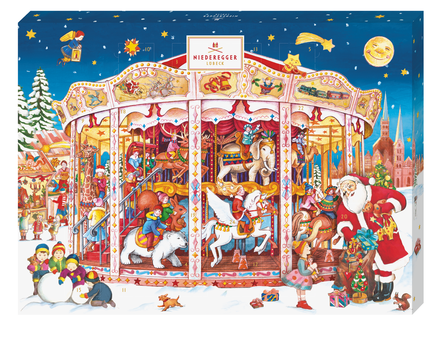 Adventskalender Karussell, bunte Schokoladen mit Vollmilch, Zartbitter und weiße Schokolade, insgesamt 500 g