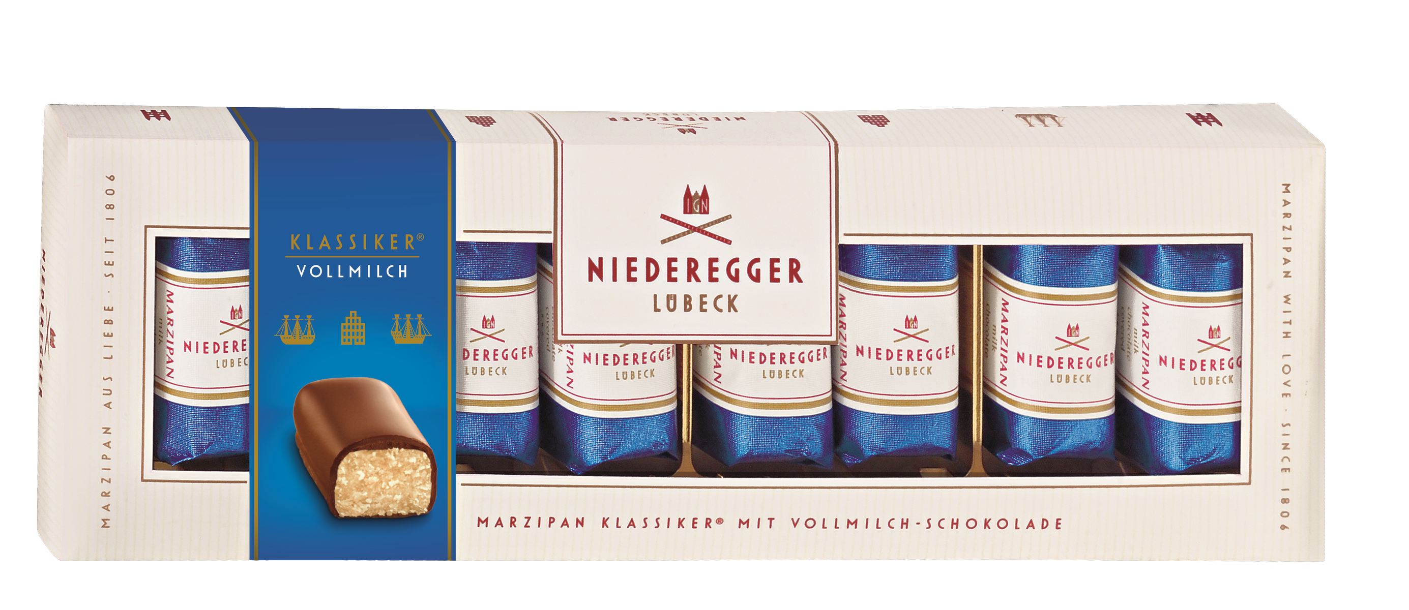Marzipan Klassiker®, Vollmilch – Schokoladenüberzug, 100 g, Mandeln 40 %, Vollmilch-Schokolade 29 %