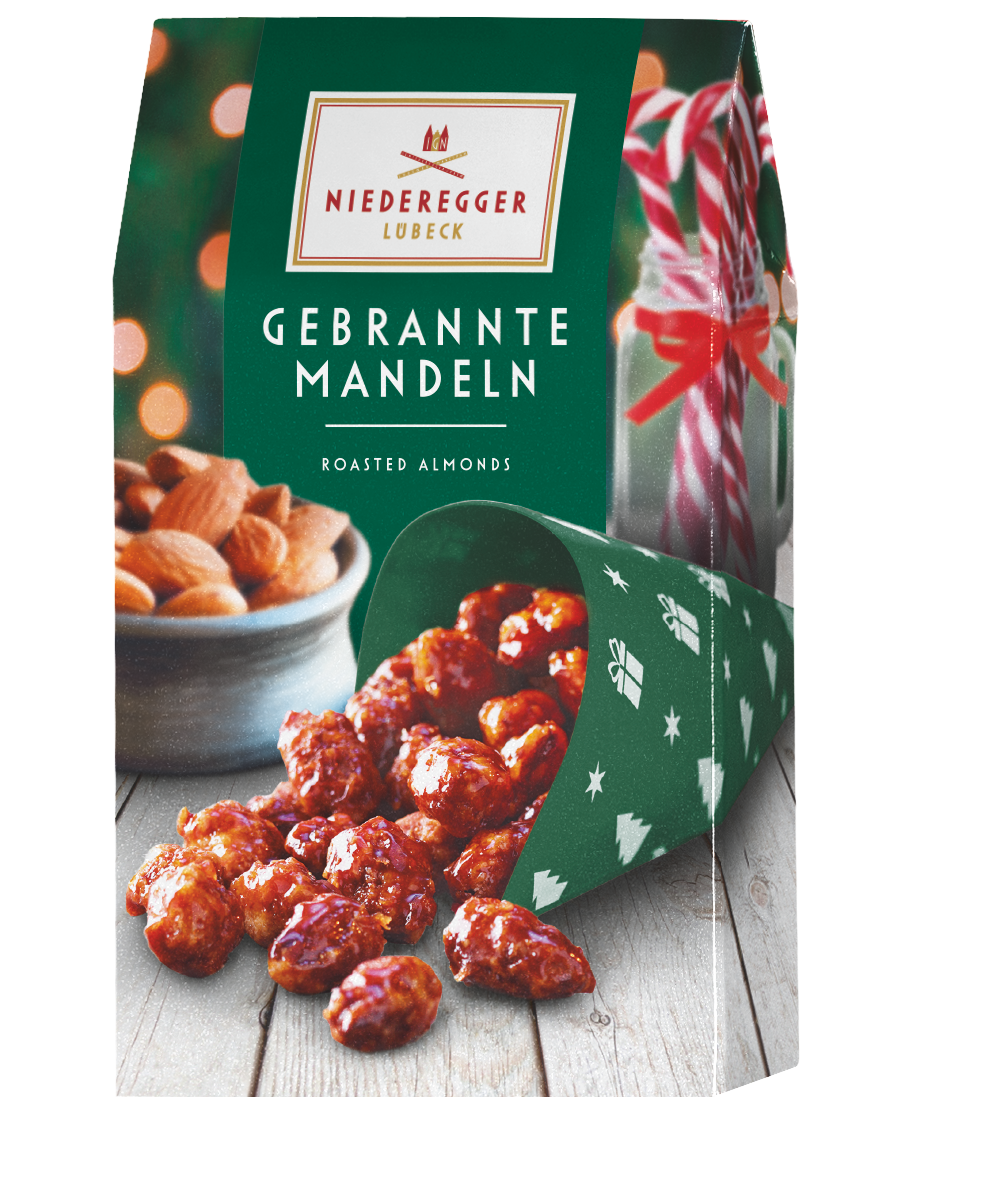 Gebrannte Mandeln, Zuckerüberzug, Mandelanteil 41 %, Schellacküberzug, 100 g Netto