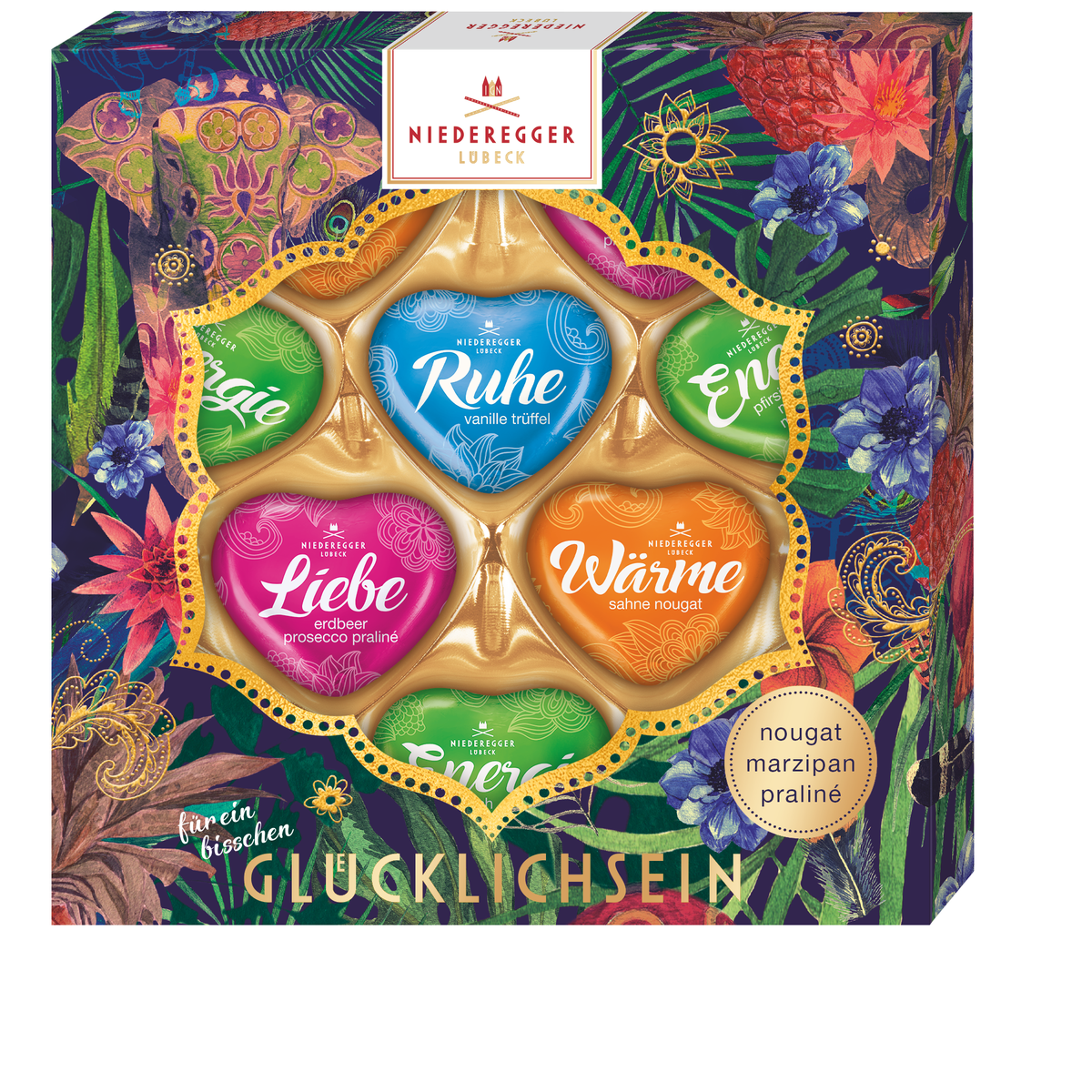 Herzen-Sortiment Dschungel - gemischte Schokoladenherzen in Weiß, Vollmilch und Zartbitter, 125 g