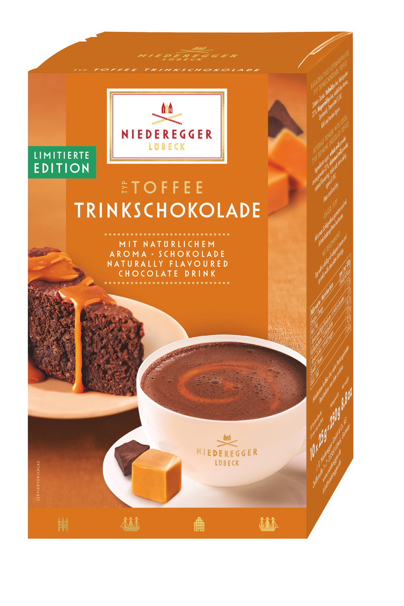 Marzipan Trinkschokolade Toffee, 10 Sticks Portionsbeutel, Nettogewicht 250 g im Beutel, Toffee-Geschmack
