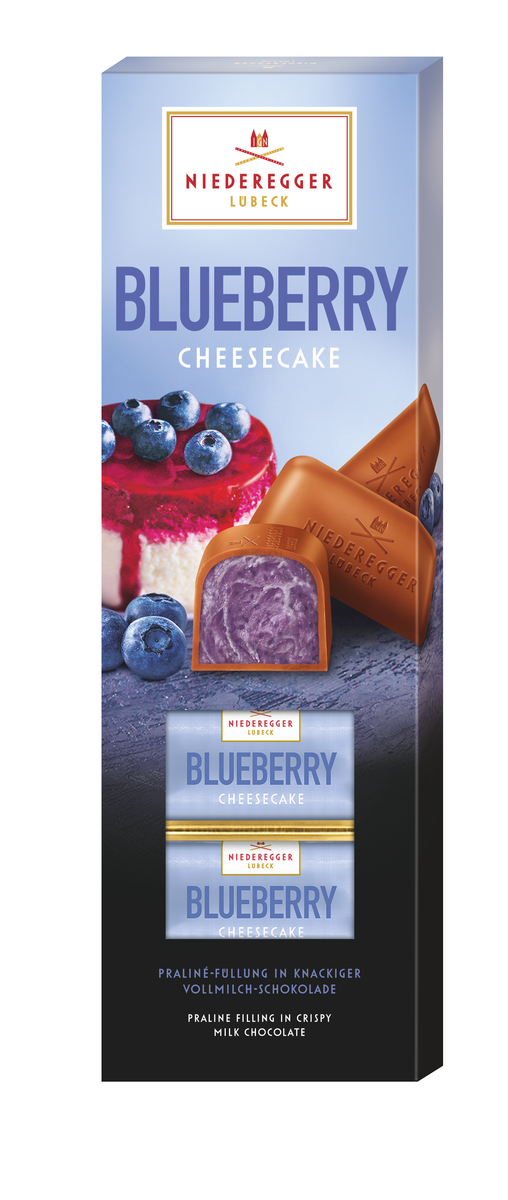 Pralinen Klassiker Blueberry Cheesecake – Pralinen aus Vollmilch- und weiße Schokolade mit Blaubeeren, 100 g